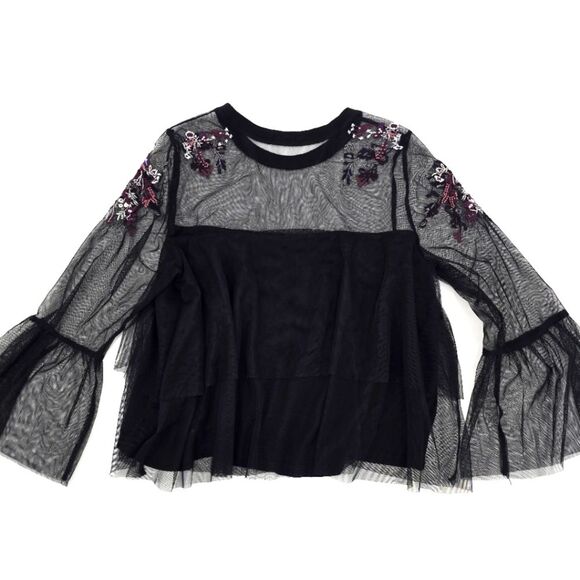 Willow & Clay Black Mesh Embroidered Floral Yoke Blouse Size M - Picture 6 of 8